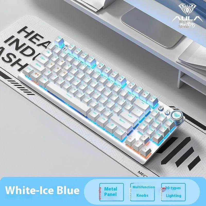 Wireless mechanical keyboard with side-engraved keycaps and metal casing showing triple-mode connectivity options