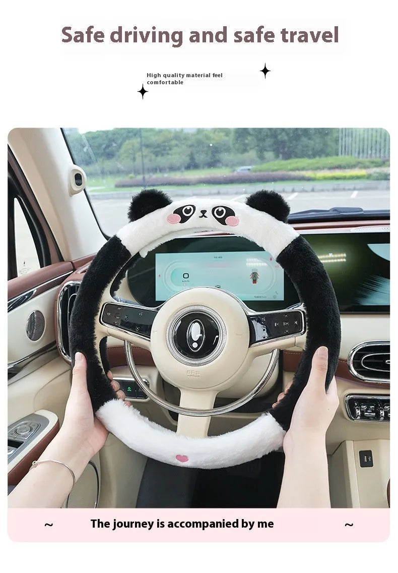Plush winter steering wheel cover with animal embroidery in 38cm diameter for thermal cold weather driving comfort