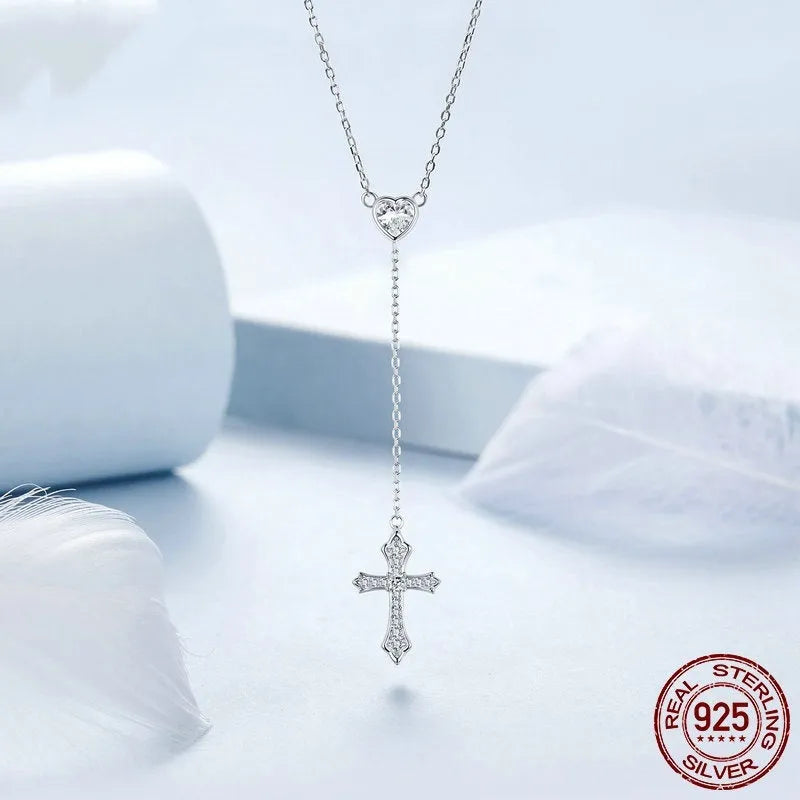 Women's 925 silver V-neck love cross necklace with O-ring chain in colour BSN384