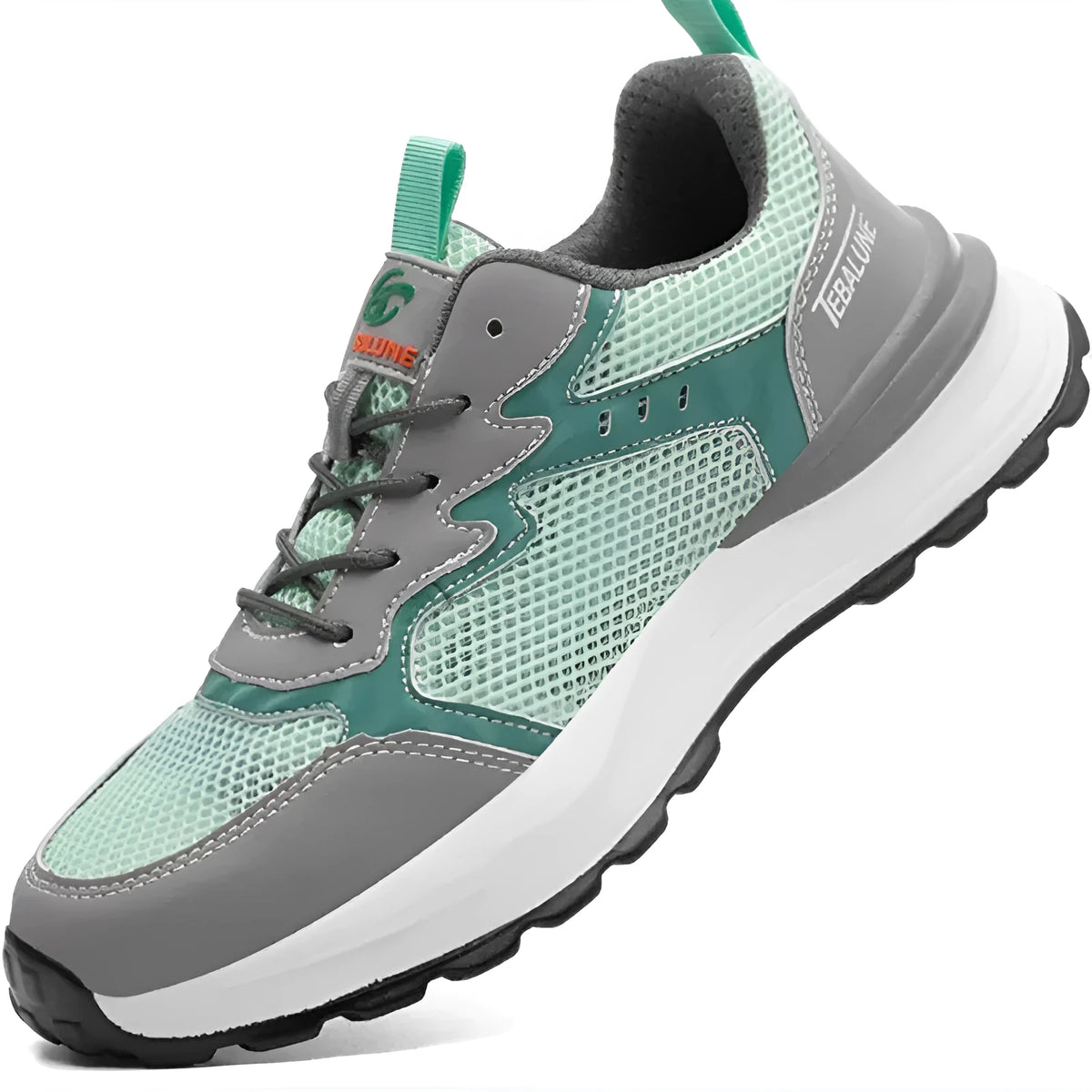 Green low-top work shoe with plastic toe cap, mesh panels, and slip-on design on a TPU sole.