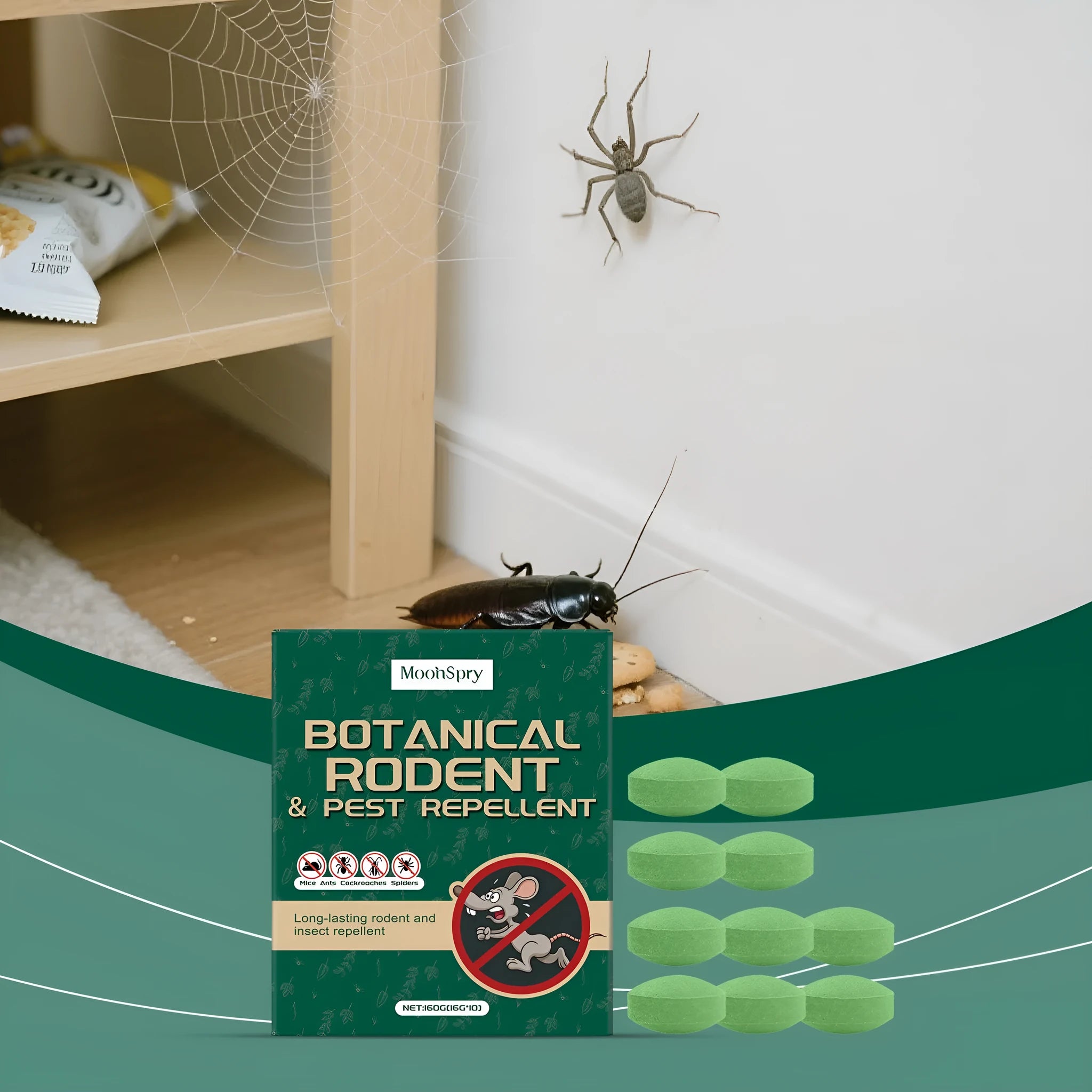 Ten 16g animal repellent pills and three mesh bags for pest control in a box.