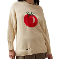 Women's milky white acrylic jacquard knit sweater with round neck and long sleeves