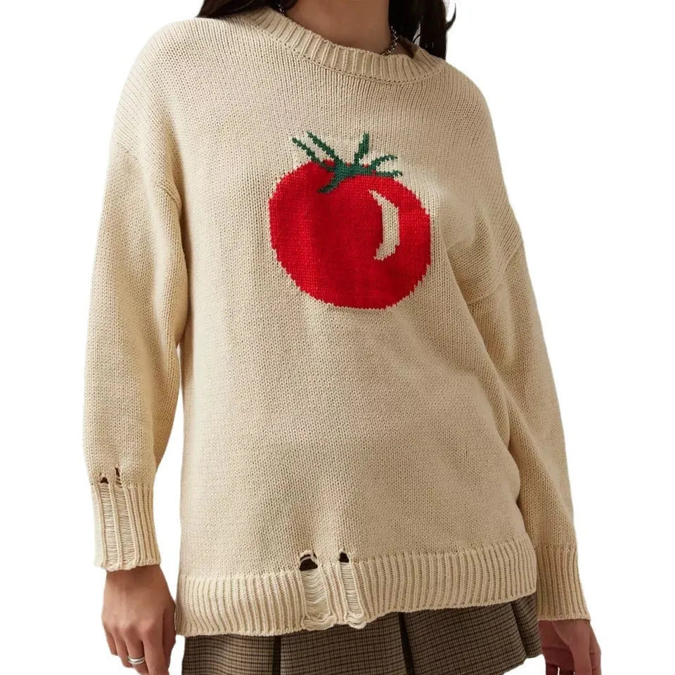 Women's milky white acrylic jacquard knit sweater with round neck and long sleeves