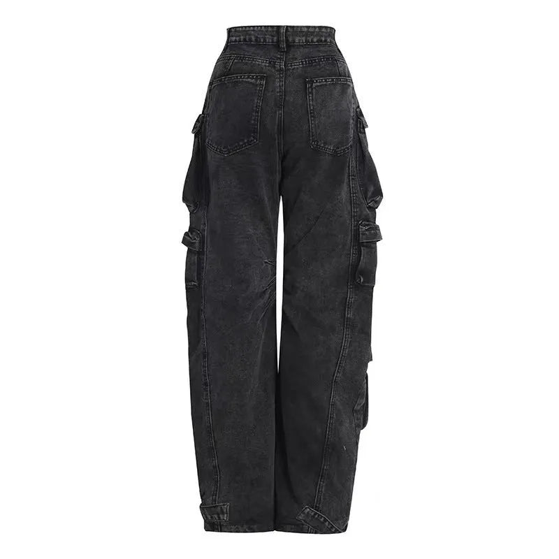 Women's tie-dyed high waist jeans with multiple pockets and wide leg silhouette