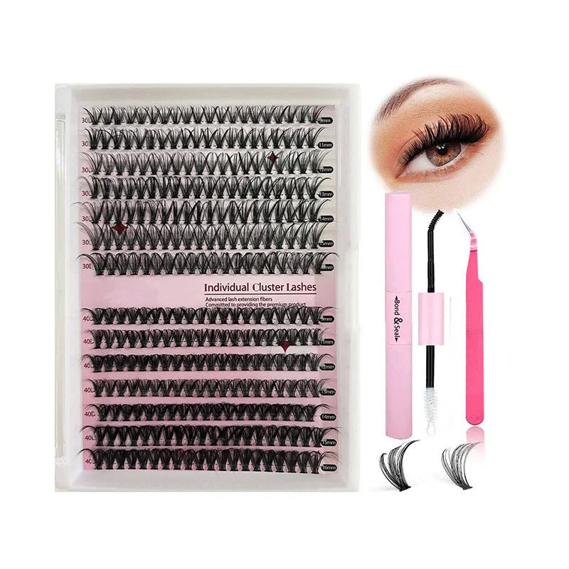DIY cluster false eyelashes mixed package showing 30D and 40D high-grade fibre lashes and tweezers