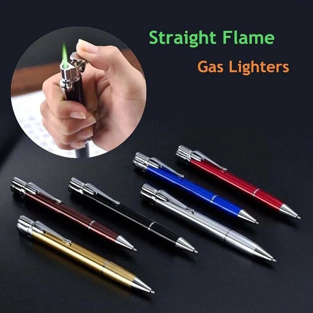 Silver metal windproof jet pen lighter with side ignition and keychain.