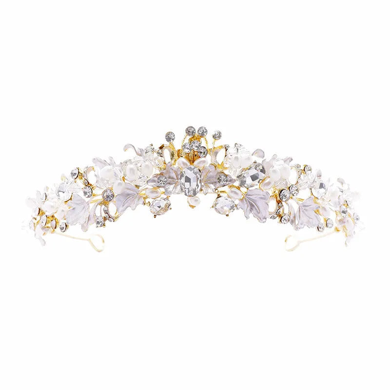 Gold or silver alloy women's crown headdress with pearl decoration for weddings and birthdays