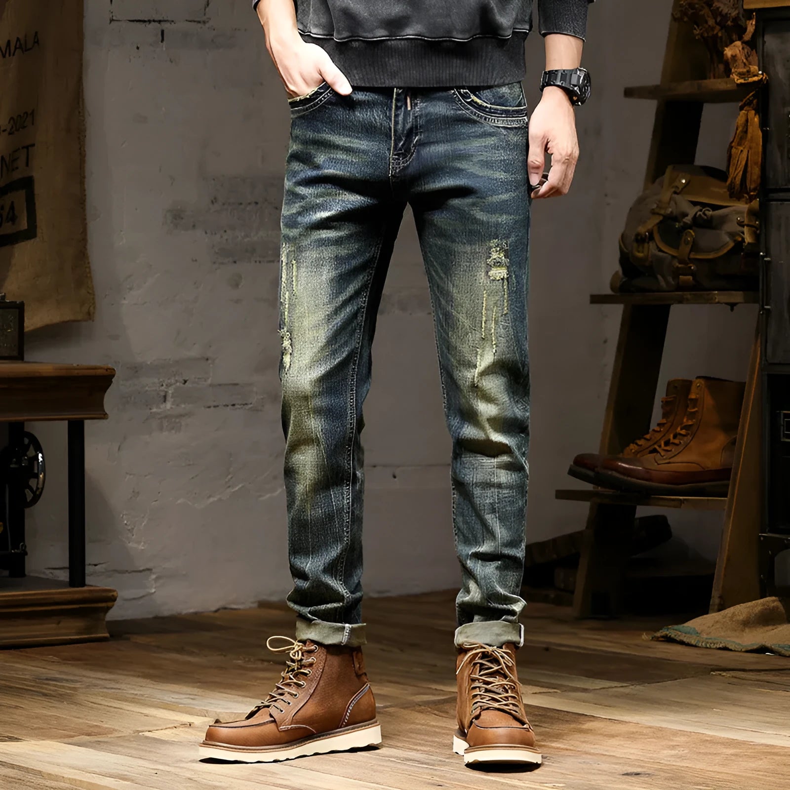 Men's skinny fit retro blue jeans with a high waist and zip fly on a plain background.