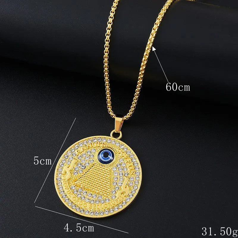 Gold tone geometric pendant necklace with zircon stone inlay and diamond cut finish