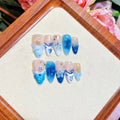 Blue hand-painted carved summer ice transparent plastic fake nails in four sizes