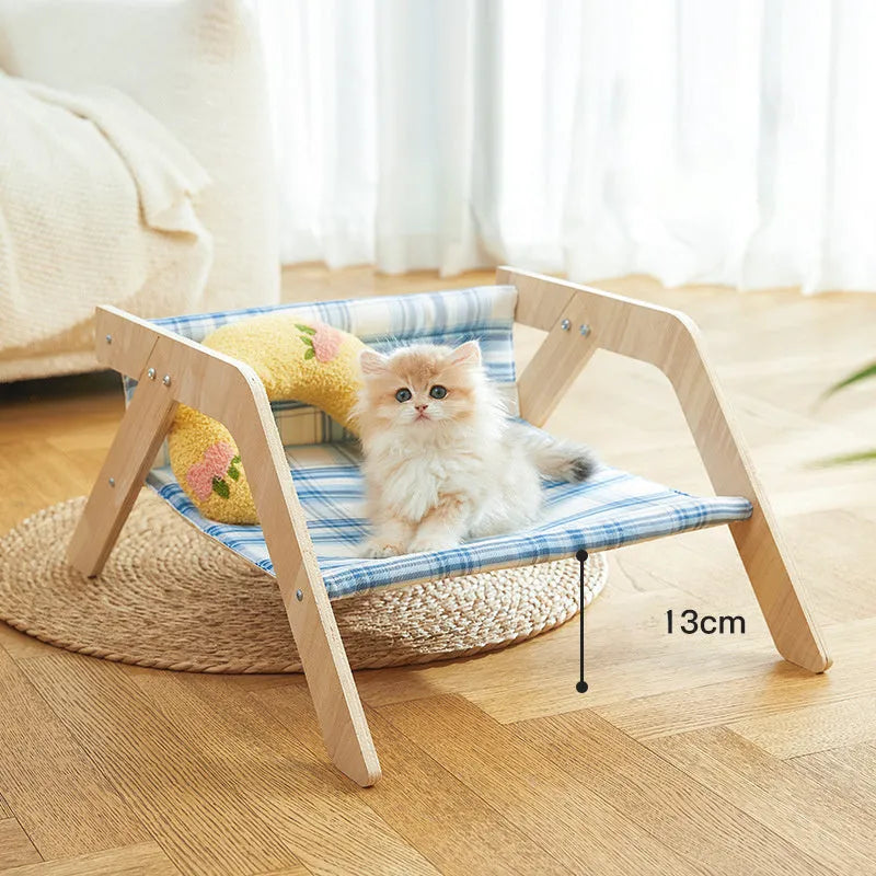 Wooden frame elevated cat bed hammock with soft cloth pad in blue colour
