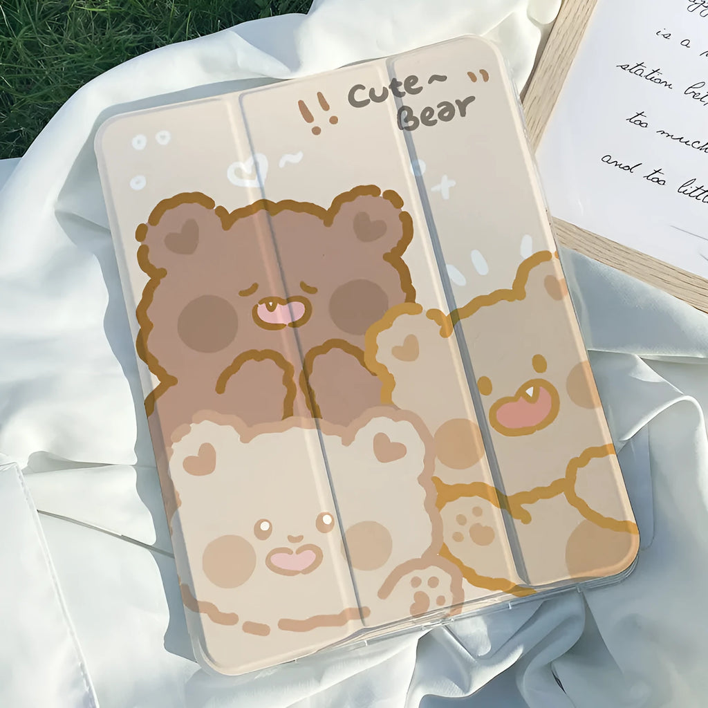 Cartoon rabbit design silicone tri-fold protective case for an iPad, showing its flat profile and stand function.