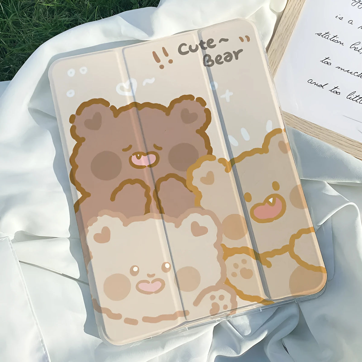 Cartoon rabbit design silicone tri-fold protective case for an iPad, showing its flat profile and stand function.