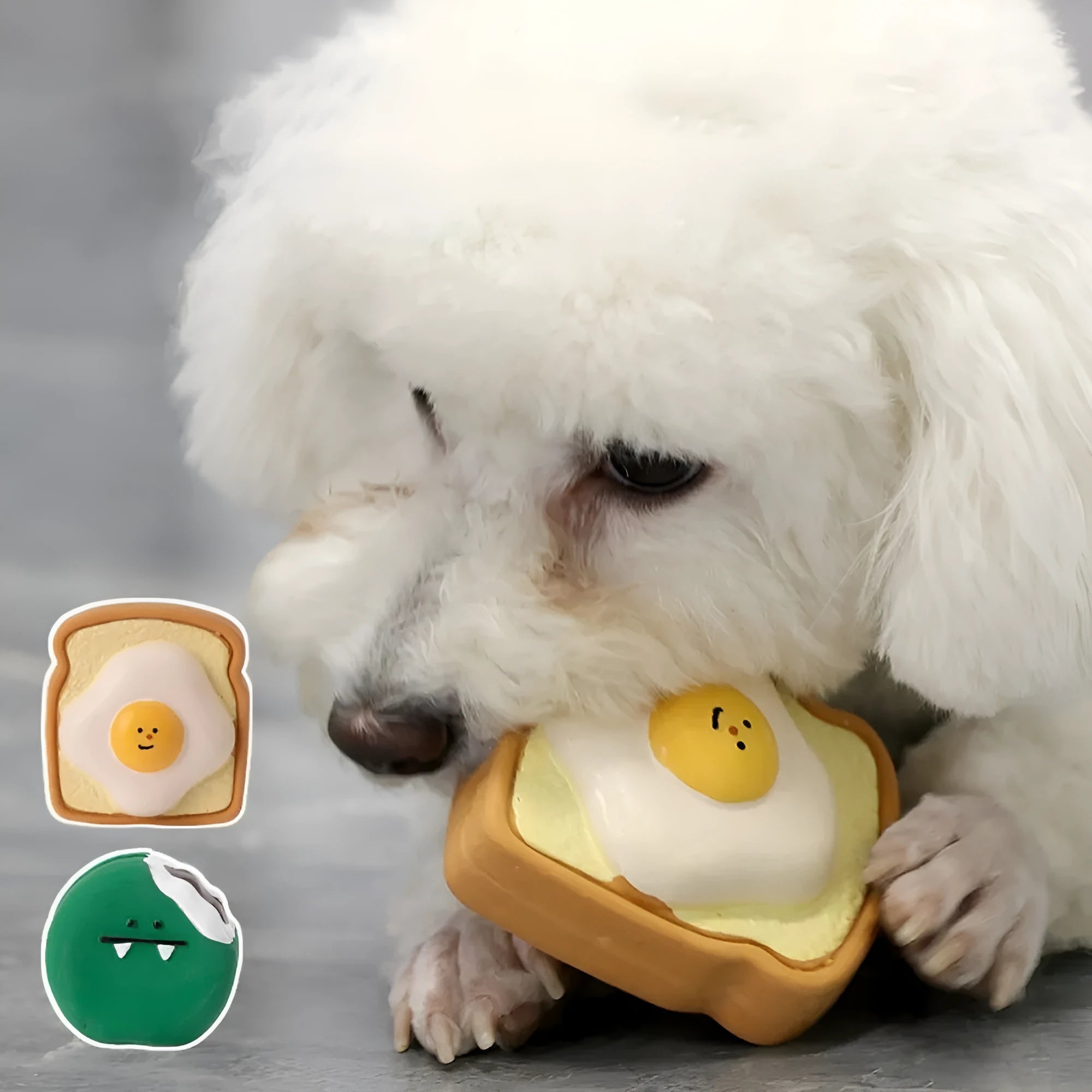 Bread shaped dog chew toy with cartoon pattern in yellow latex with squeaker