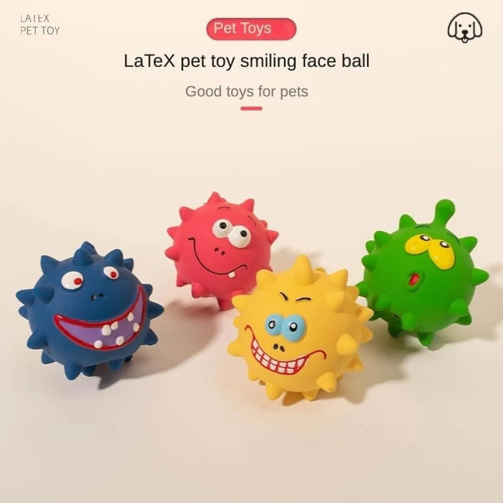 Set of four colourful natural latex squeaky dog balls with cute faces, shown with a dog.