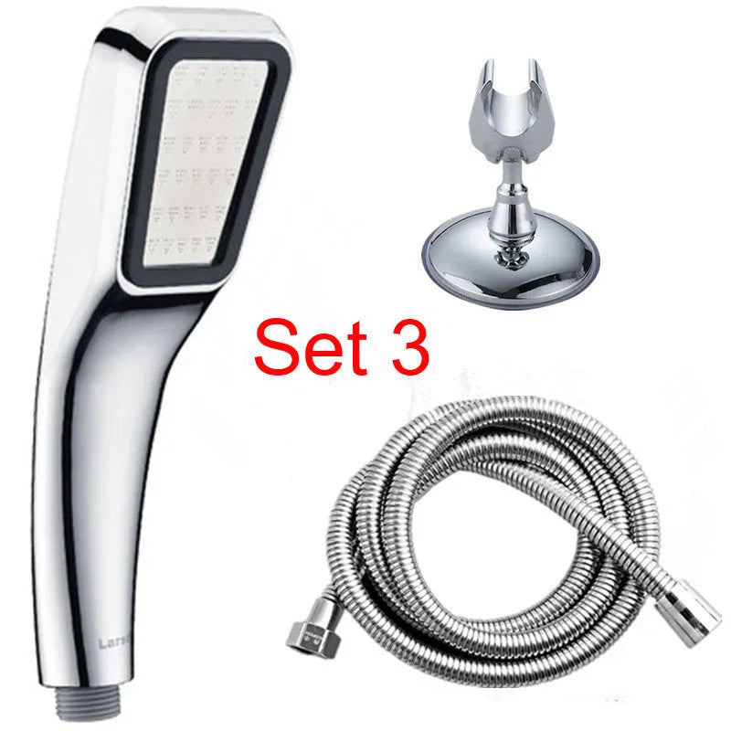 Orange hand-held pressurised shower with 60mm rain spray face