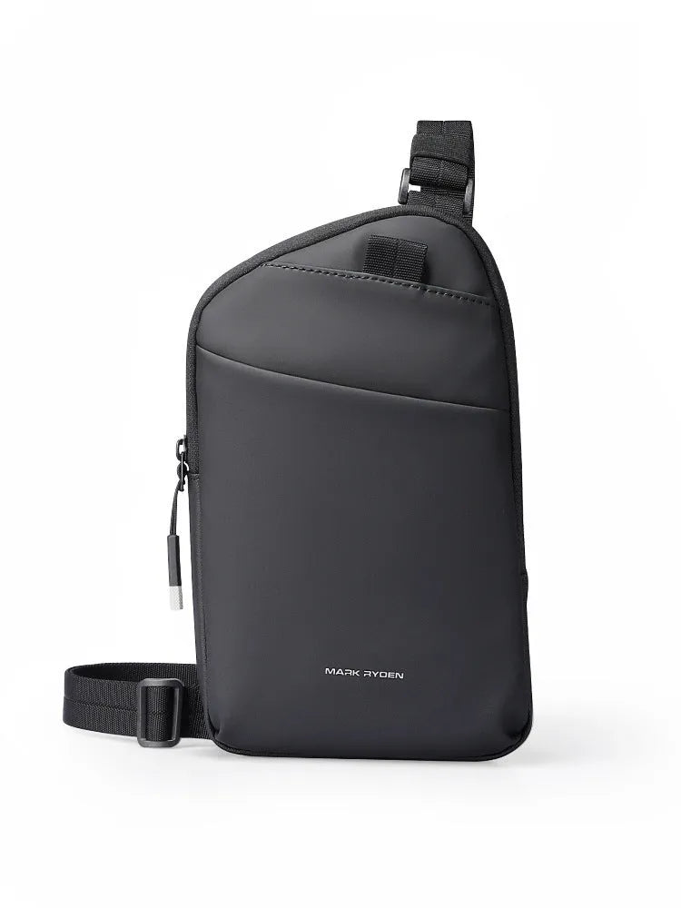 Men's black Oxford cloth crossbody bag with simple design showing sewing thread detailing and wear-resistant construction