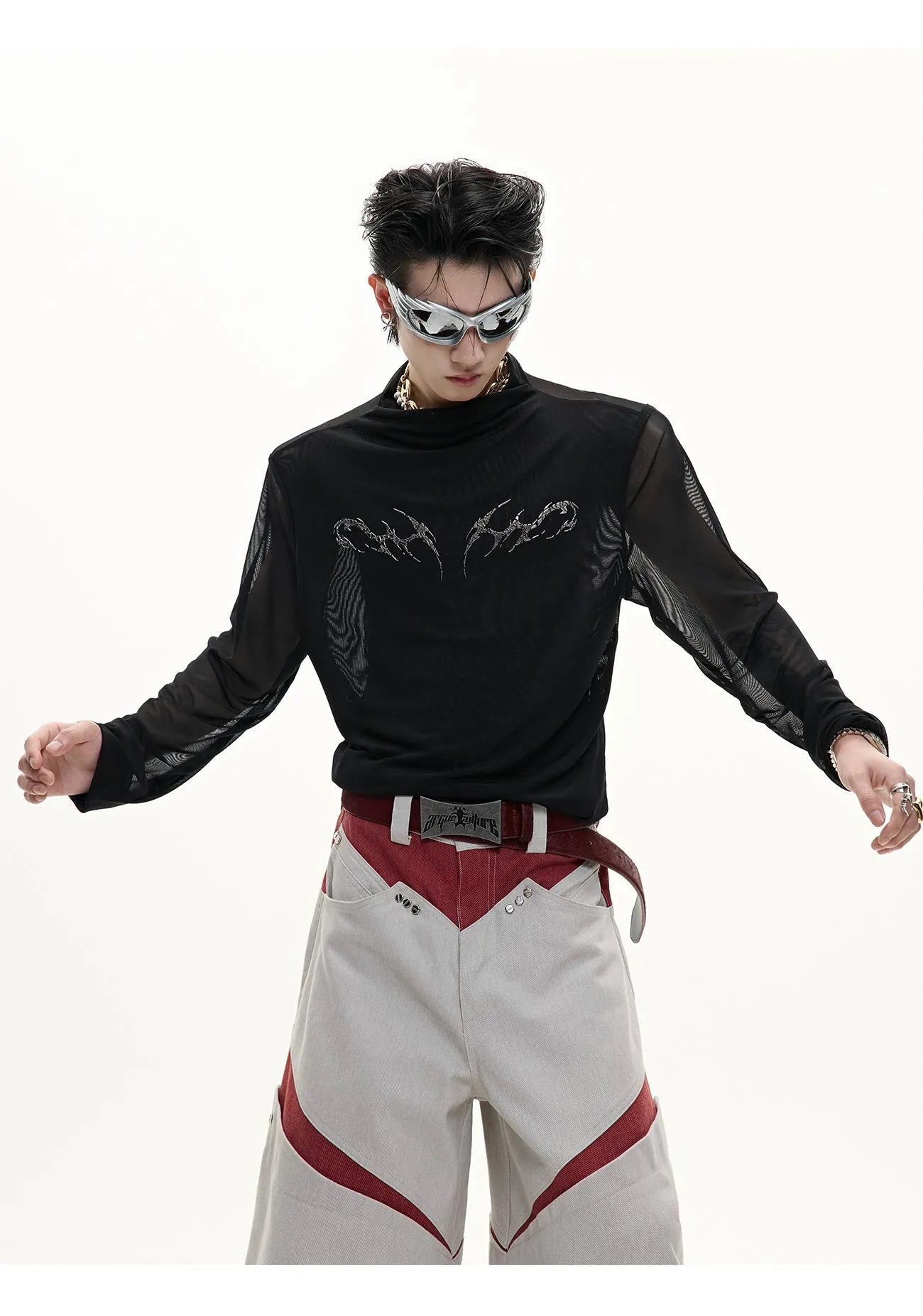 Men's black slim-fit long sleeve mesh shirt, a base layer made from polyester and spandex fabric.