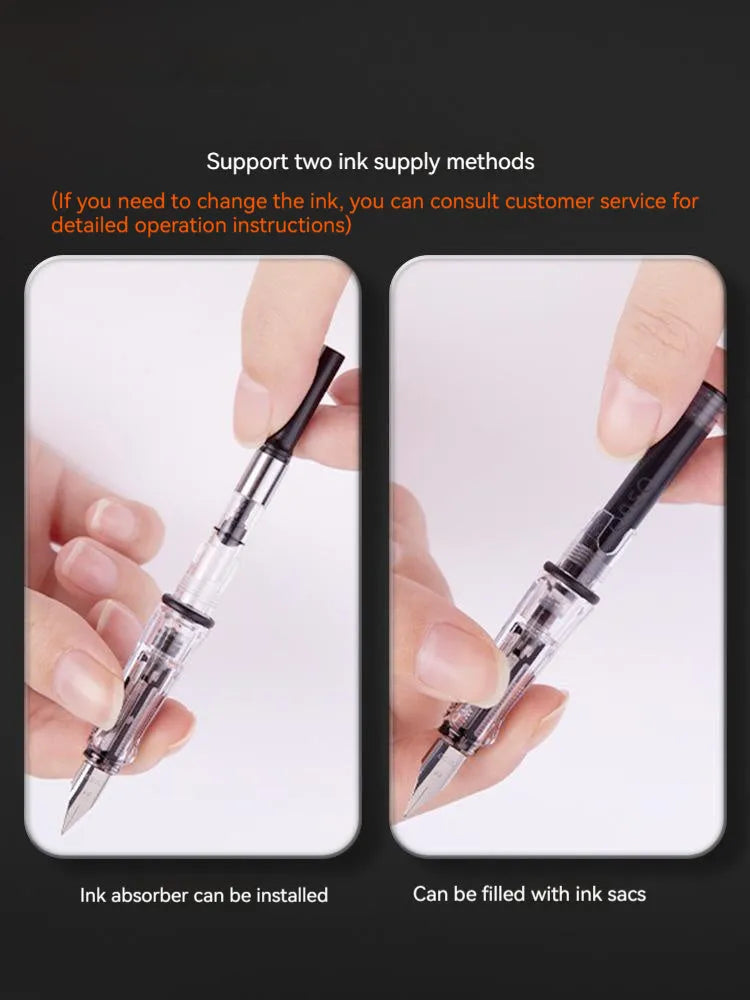 Student automatic suction pen set with 0.5mm and 0.38mm nibs, ink feeder, and handbag on a desk.