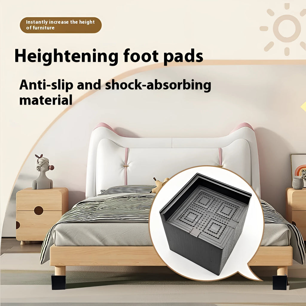 Four black plastic furniture foot mats for bed or sofa height adjustment.