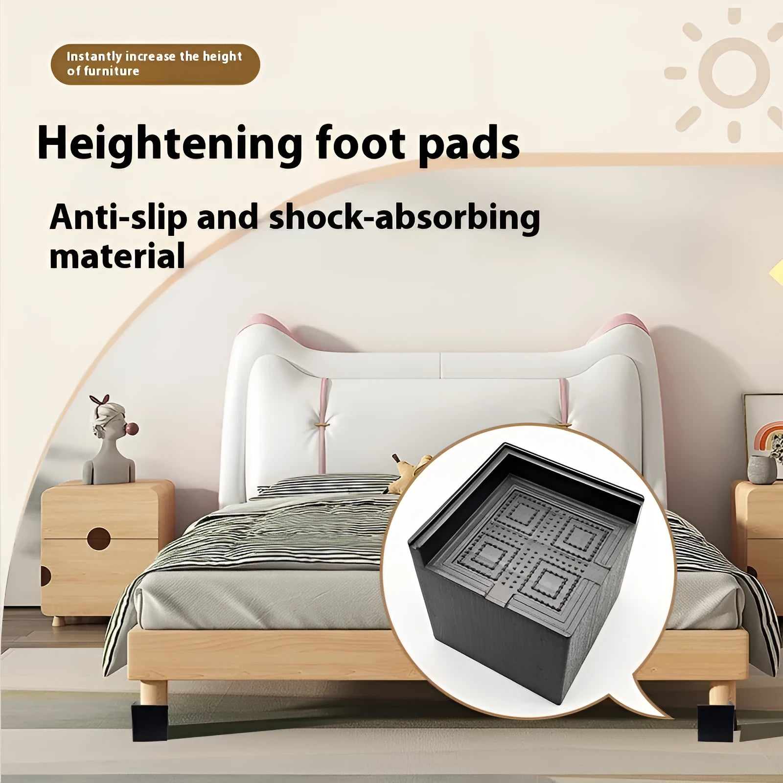 Four black plastic furniture foot mats for bed or sofa height adjustment.