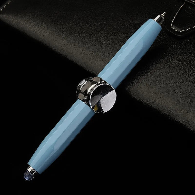 Metal ballpoint pen with integrated LED gyro spinner showing colour-changing lights during spinning