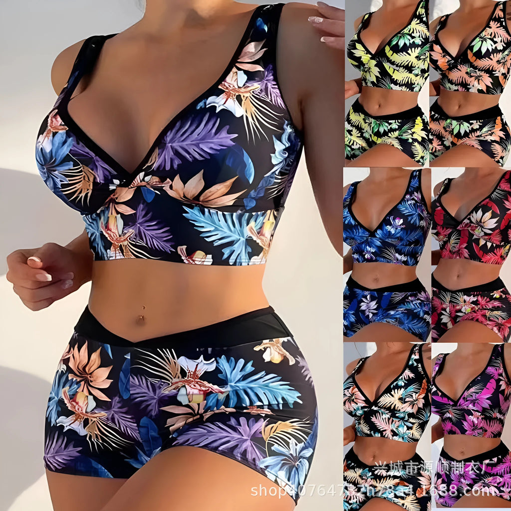 Women's two-piece swimsuit with printed boxer shorts in multicolour pattern