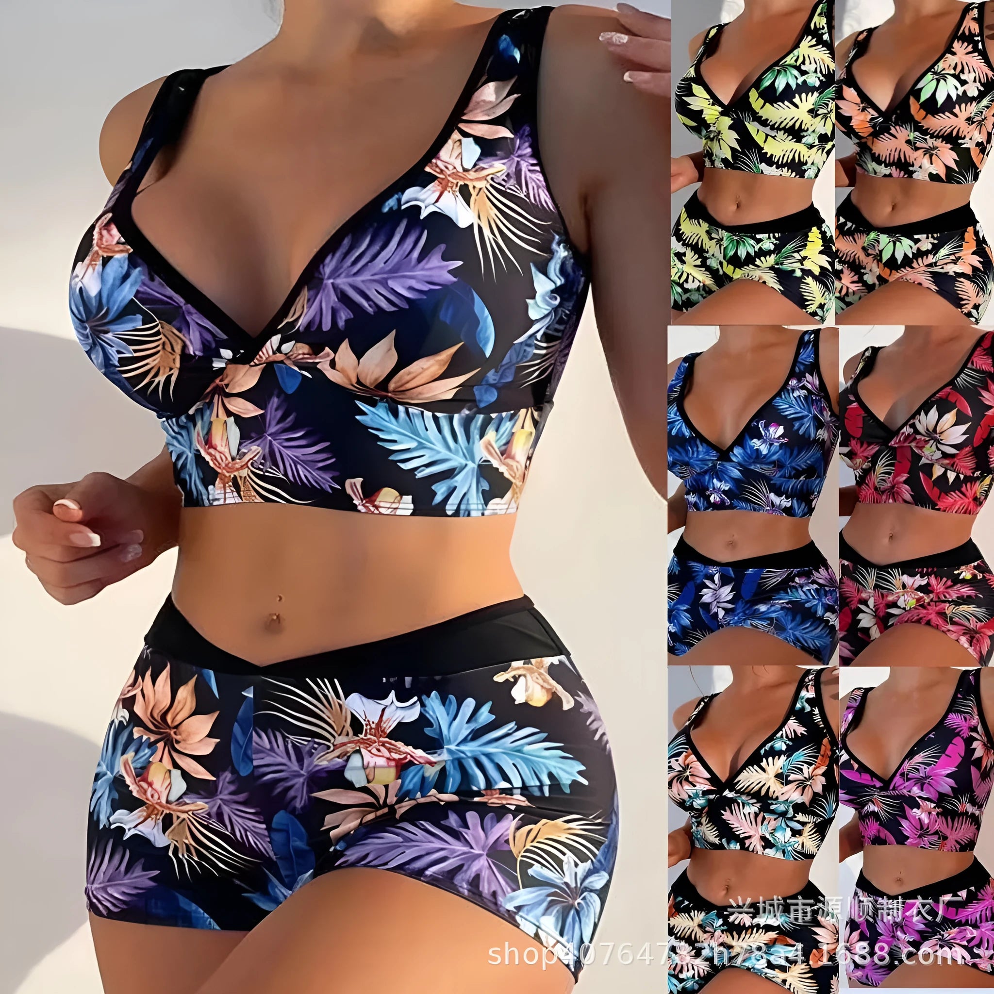 Women's two-piece swimsuit with printed boxer shorts in multicolour pattern