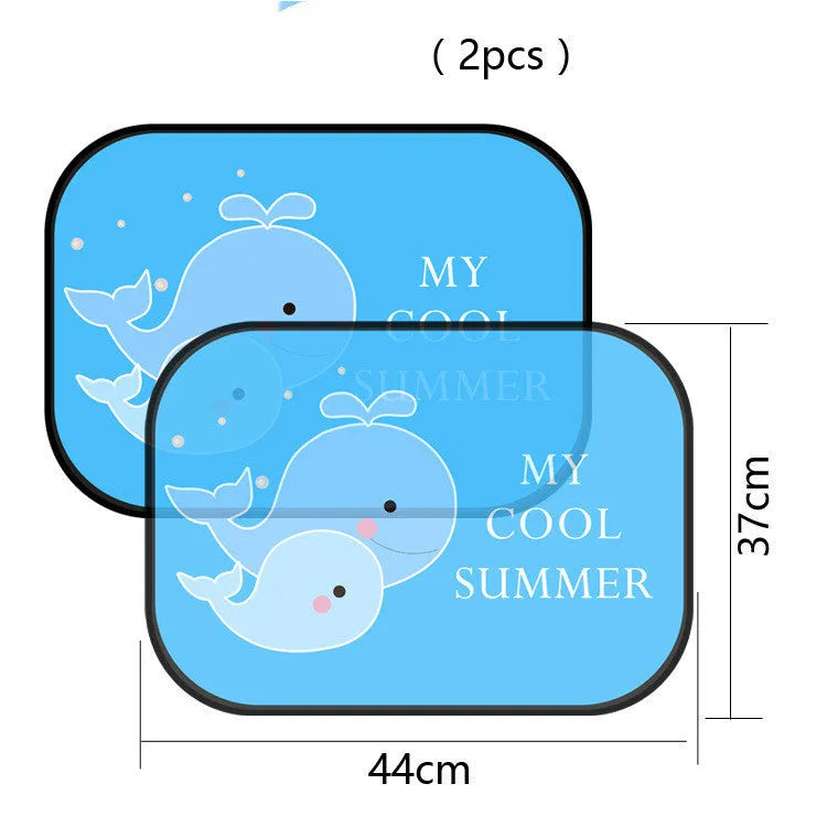 Pair of electrostatic cling animal-themed car sunshades made from nylon mesh for side windows.