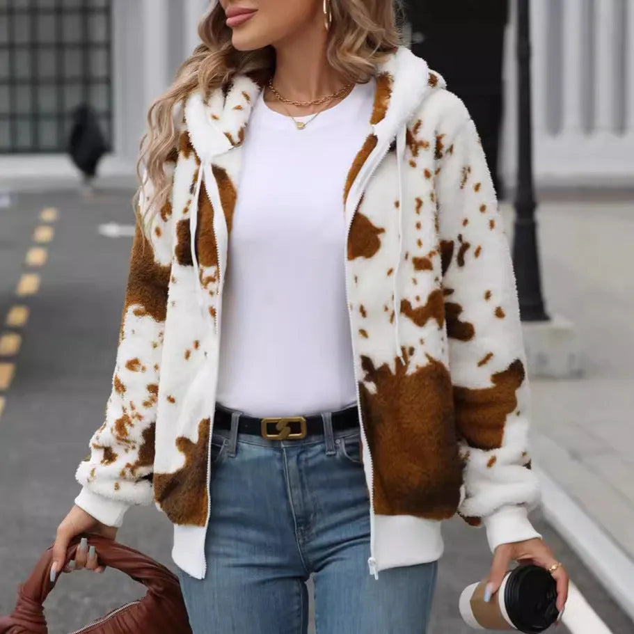 Yellow brown cow animal print hooded plush cardigan jacket with full zip and regular sleeves.
