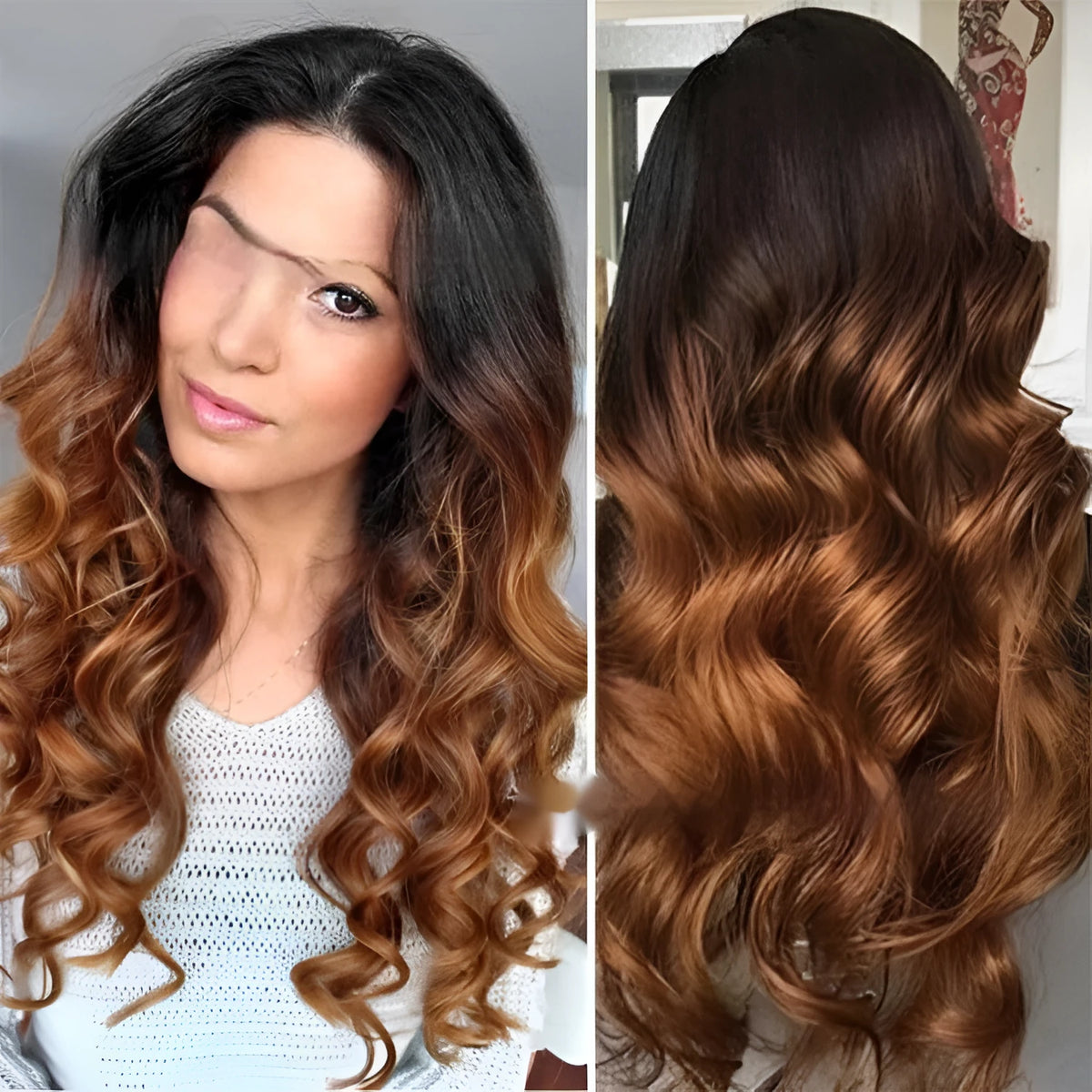 A human hair lace front wig in a Ruili gradient colour, displayed on a wig stand