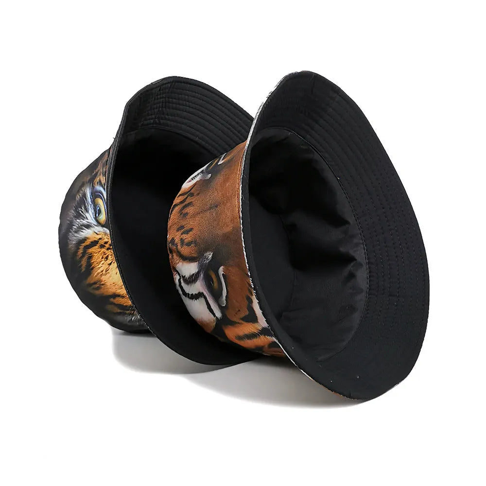 Tiger pattern polyester bucket hat with dome crown in khaki colour, size M 56-58cm