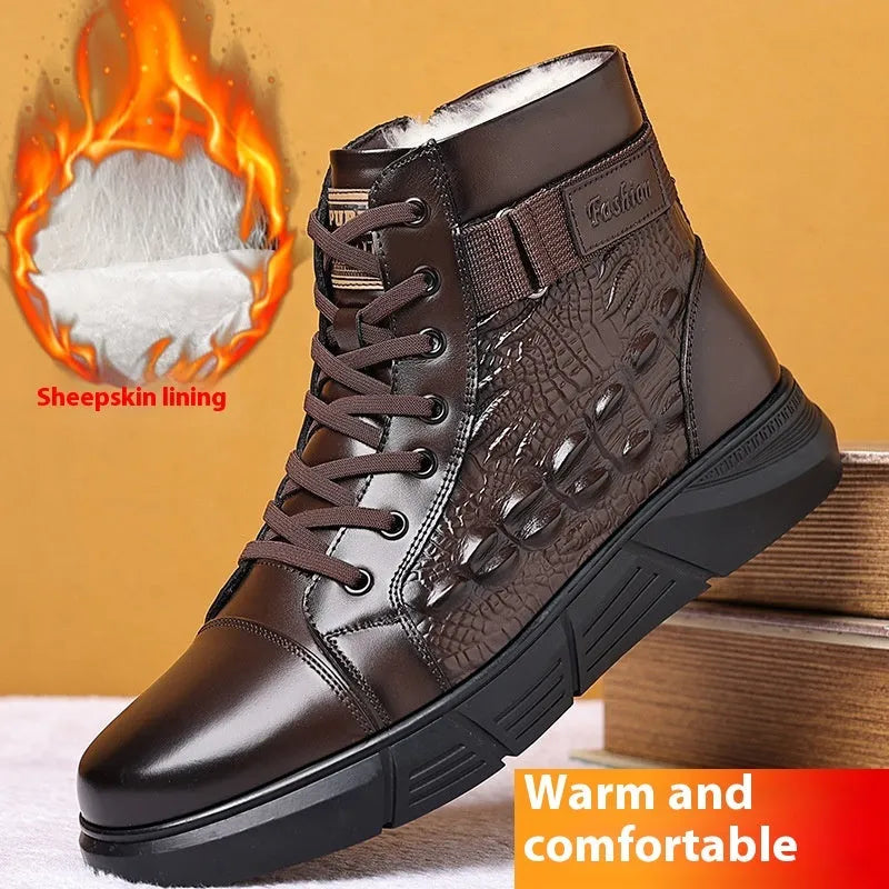Genuine leather lace-up winter boots with fur lining in black or brown velvet style