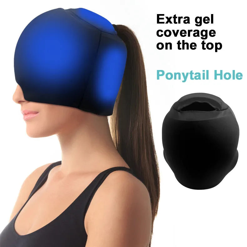 Simple solid colour cold compress cap in black, dark blue, or pink, showing its fully enclosed polyester design.