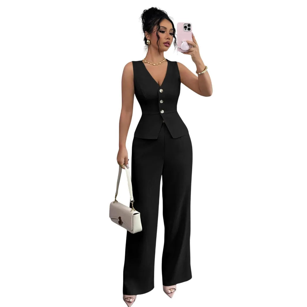 Women's sleeveless vest and high waist trousers two-piece set in solid colour with slim fit design