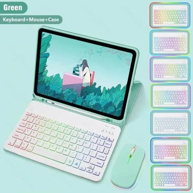 iPad leather protective case with luminous Bluetooth keyboard and mouse in black colour with RGB backlighting