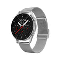 Smart watch with metal wristband and 1.3-inch touchscreen display showing notification interface