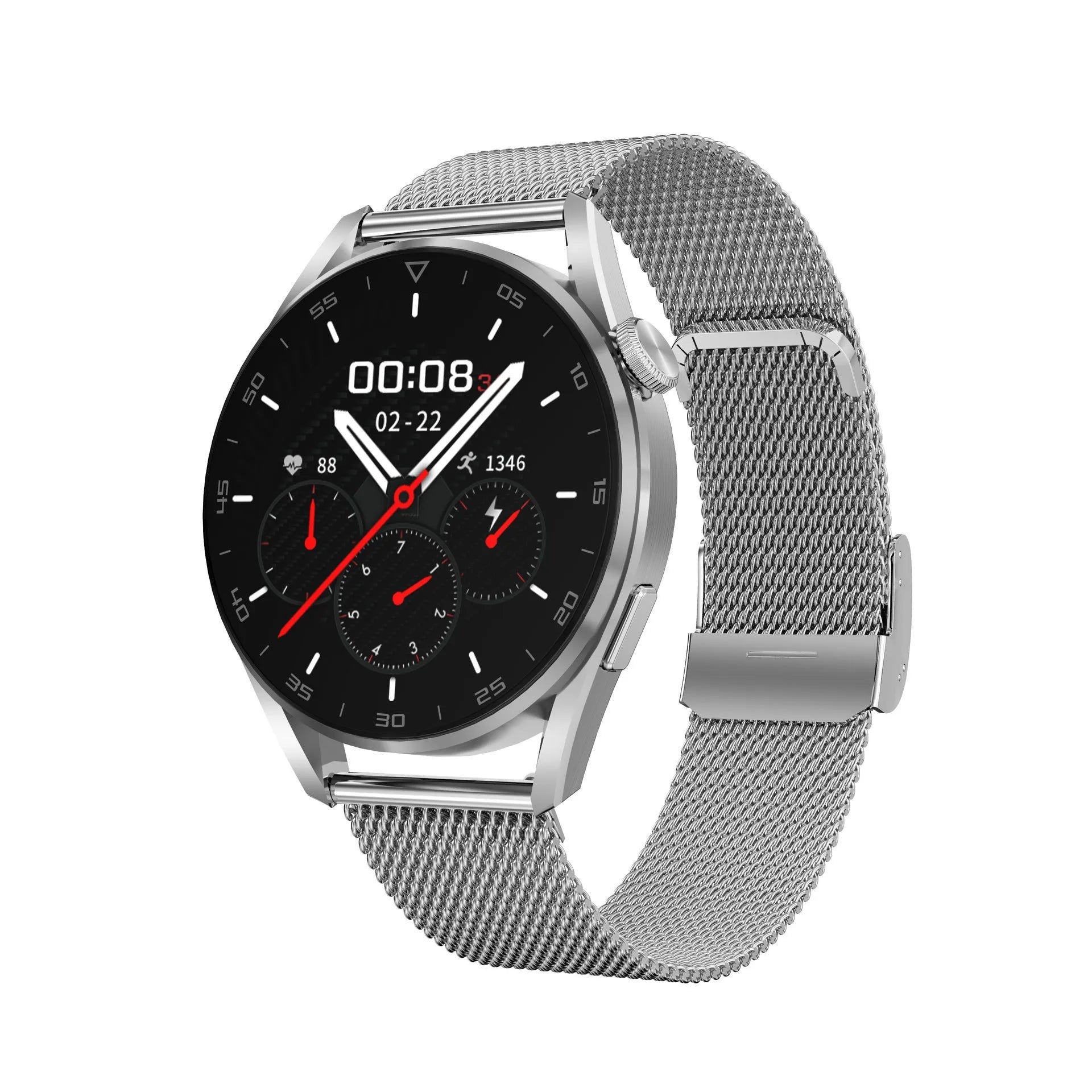 Smart watch with metal wristband and 1.3-inch touchscreen display showing notification interface
