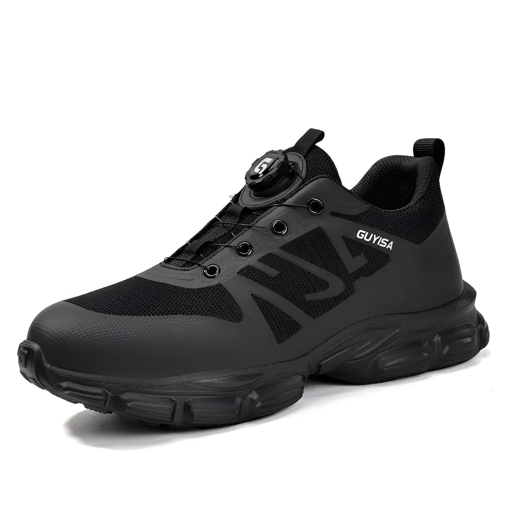 Lightweight black safety shoe with Flyknit fabric upper and a TPU outsole.