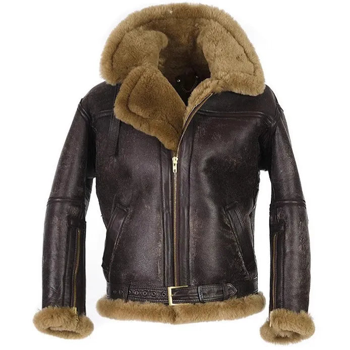 Men's brown synthetic leather retro fur coat with straight hem and side pockets