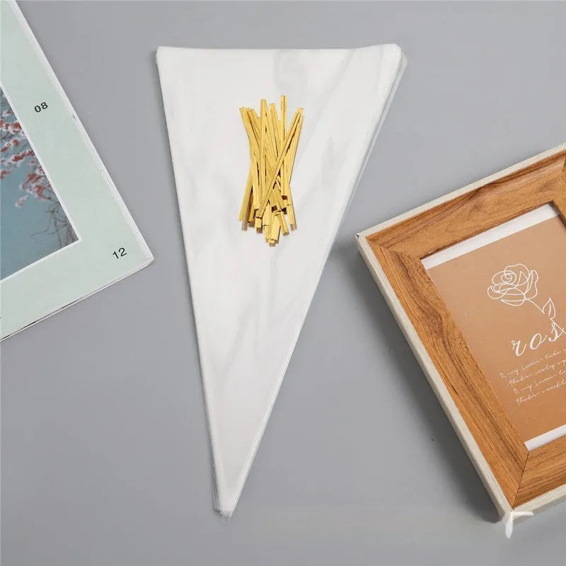 Clear triangle plastic packaging bag with twisted tie wire closure shown next to untied bag