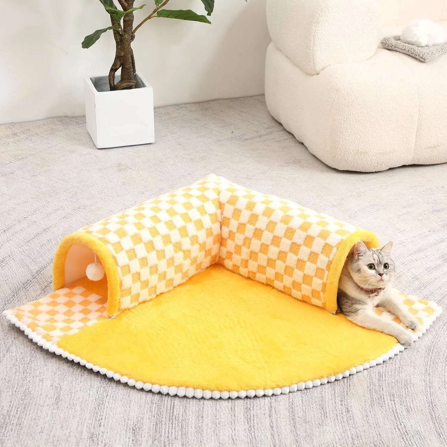 Fan-shaped plush pet bed with integrated tunnel for cats and dogs in Coffee colour, showing thick mat and anti-slip base.