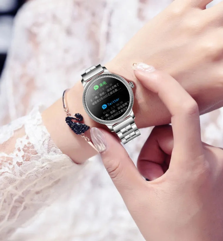AK38 ladies smart watch with stainless steel bracelet and 1.09-inch colour display