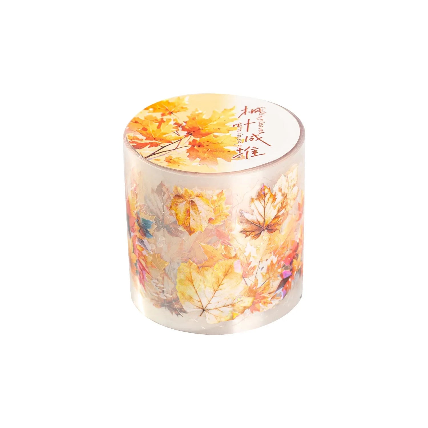 Roll of clear PET decorative stickers with repeating leaf patterns including ginkgo and maple designs.