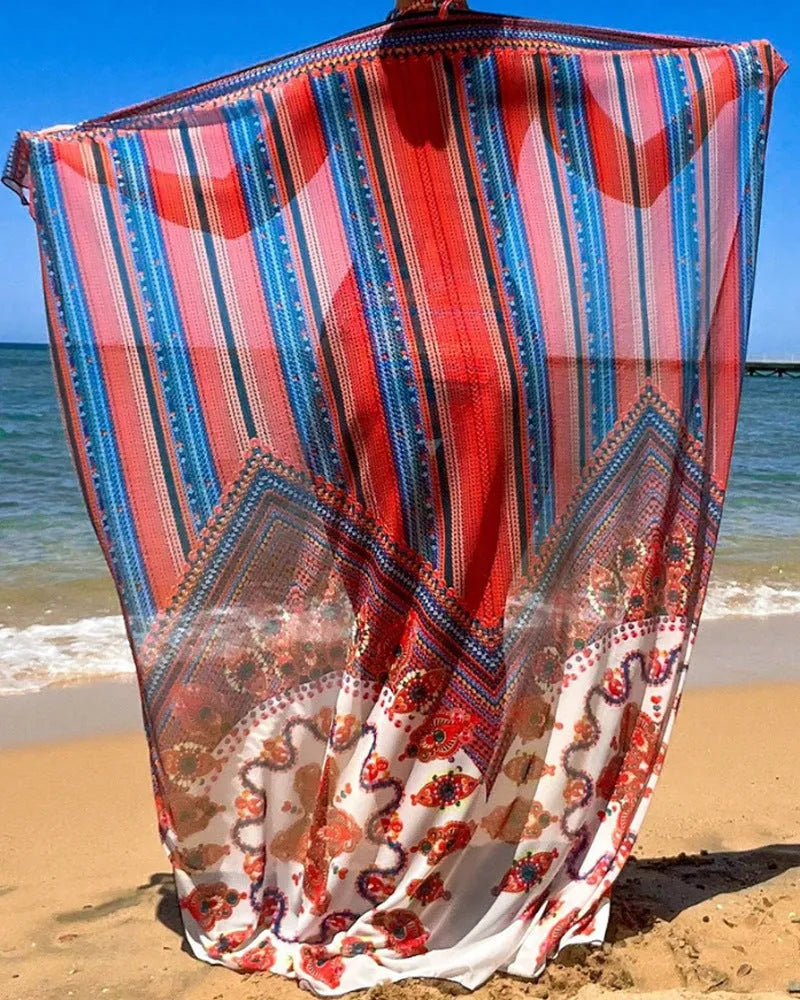 Women's three-piece swimsuit set showing high-waist briefs, a sleeveless cutout blouse, and a coat in picture colour.