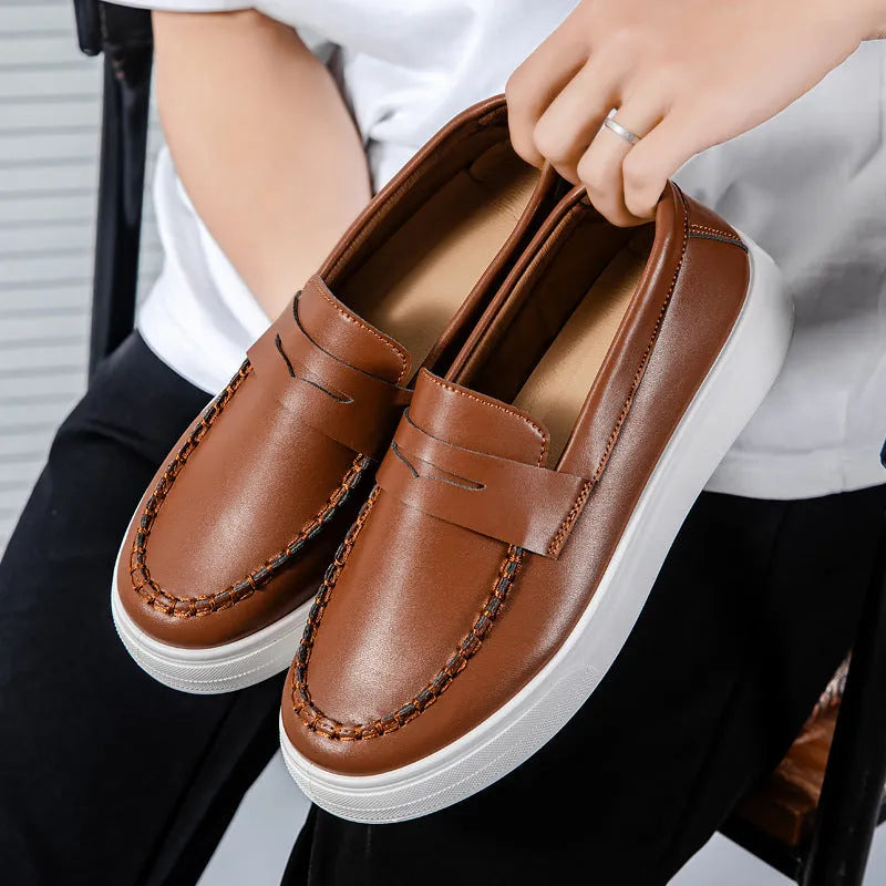Men's casual PU leather slip-on loafer in British style with round toe, shown in khaki colour.