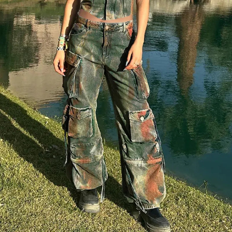 Loose fit cargo denim trousers with gradient colour patch pockets and multiple storage compartments