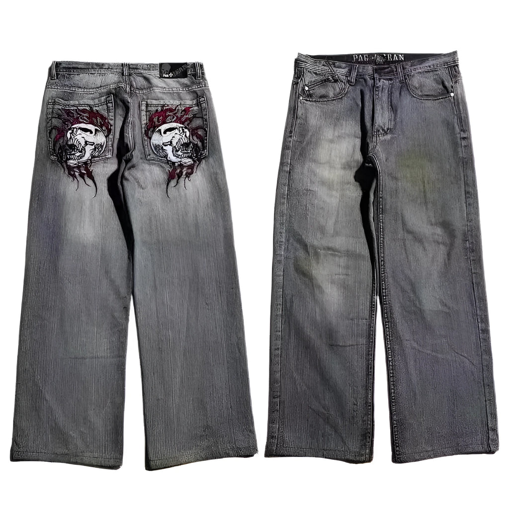 Grey washed-out wide-leg denim jeans for men with a retro workwear design and straight leg opening.