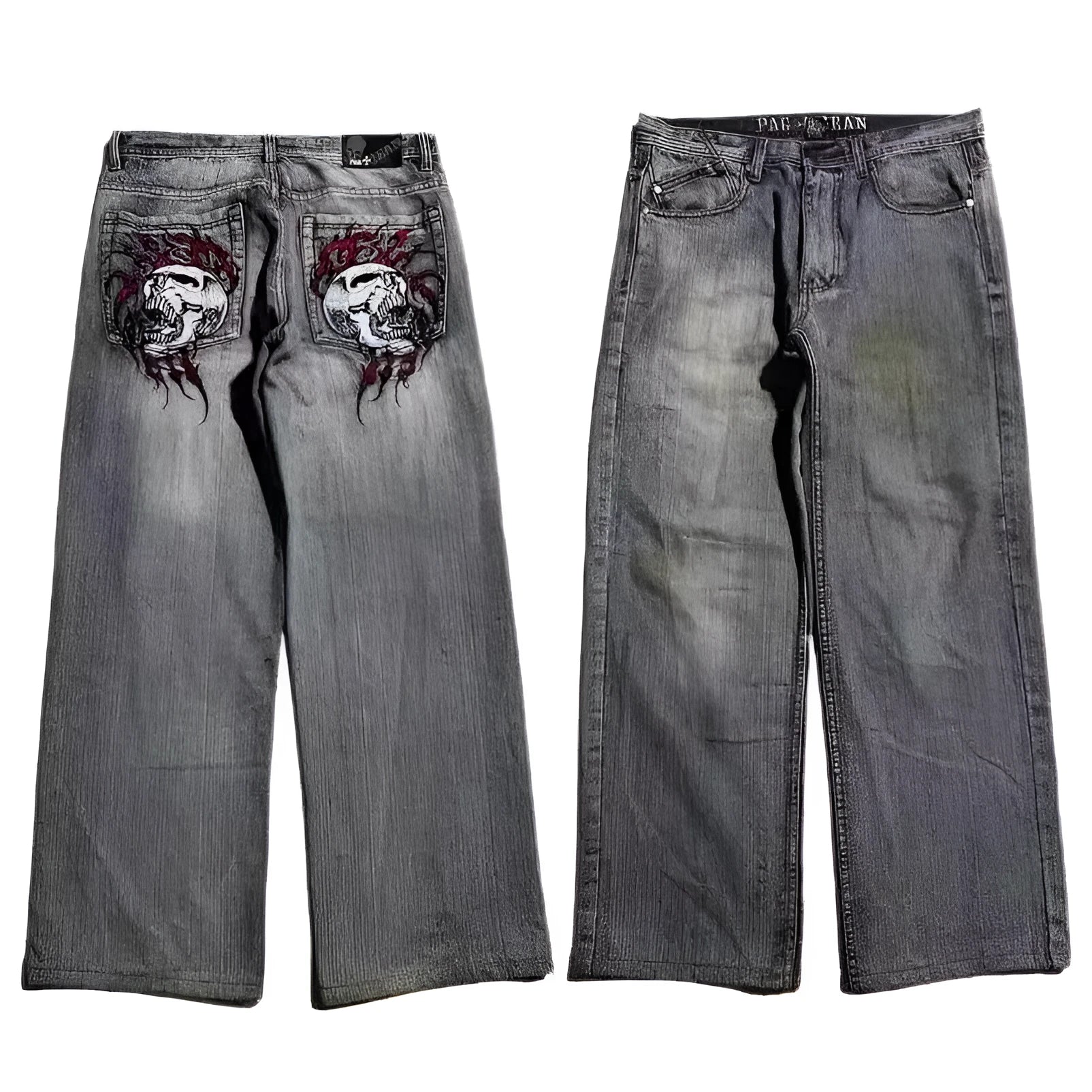 Grey washed-out wide-leg denim jeans for men with a retro workwear design and straight leg opening.