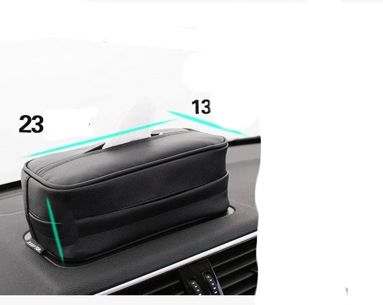 Black leather car hanging storage box with open top, shown next to a beige medium-sized version.